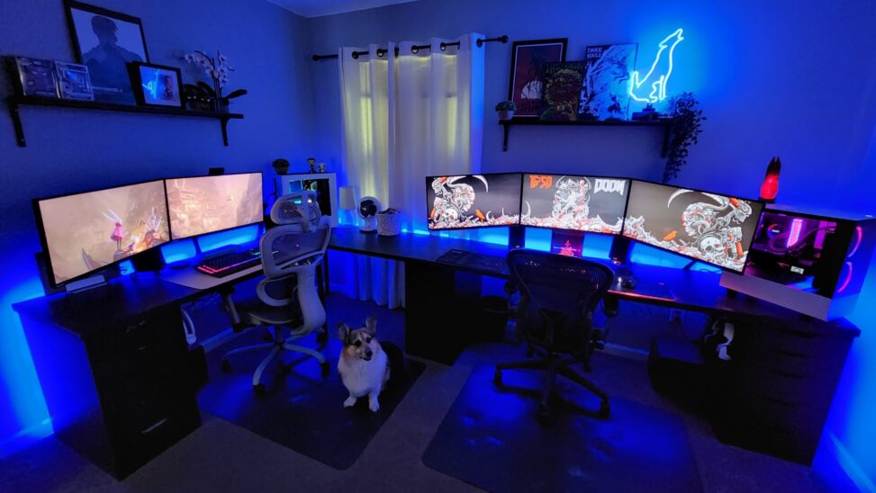 office space with two desks, computer monitors, and decorations with a dog.